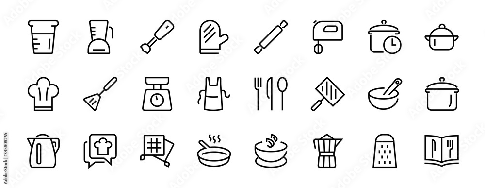 Set of icons for cooking and kitchen, vector lines, contains icons such as a knife, saucepan, boiling time, mixer, scales, recipe book. Editable stroke, perfect 480x480 pixels, white background Set of icons for cooking and kitchen, vector lines, contains icons such as a knife, saucepan, boiling time, mixer, scales, recipe book. Editable stroke, perfect 480x480 pixels, white background