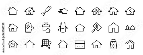 Simple set of line vector home icons. Contains house symbols at interest, infuse house and more. Editable stroke. 480x480 pixels perfect