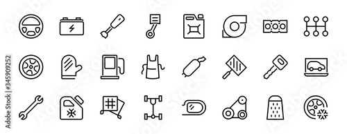 A simple set of car services related vector line icons. Contains icons such as oil, diagnostics, turbine, steering wheel, chassis, gearbox and much more. Editable move. 480x480 On a white background