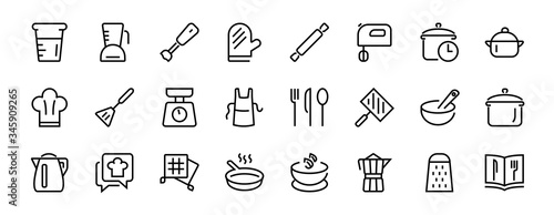 Set of icons for cooking and kitchen  vector lines  contains icons such as a knife  saucepan  boiling time  mixer  scales  recipe book. Editable stroke  perfect 480x480 pixels  white background