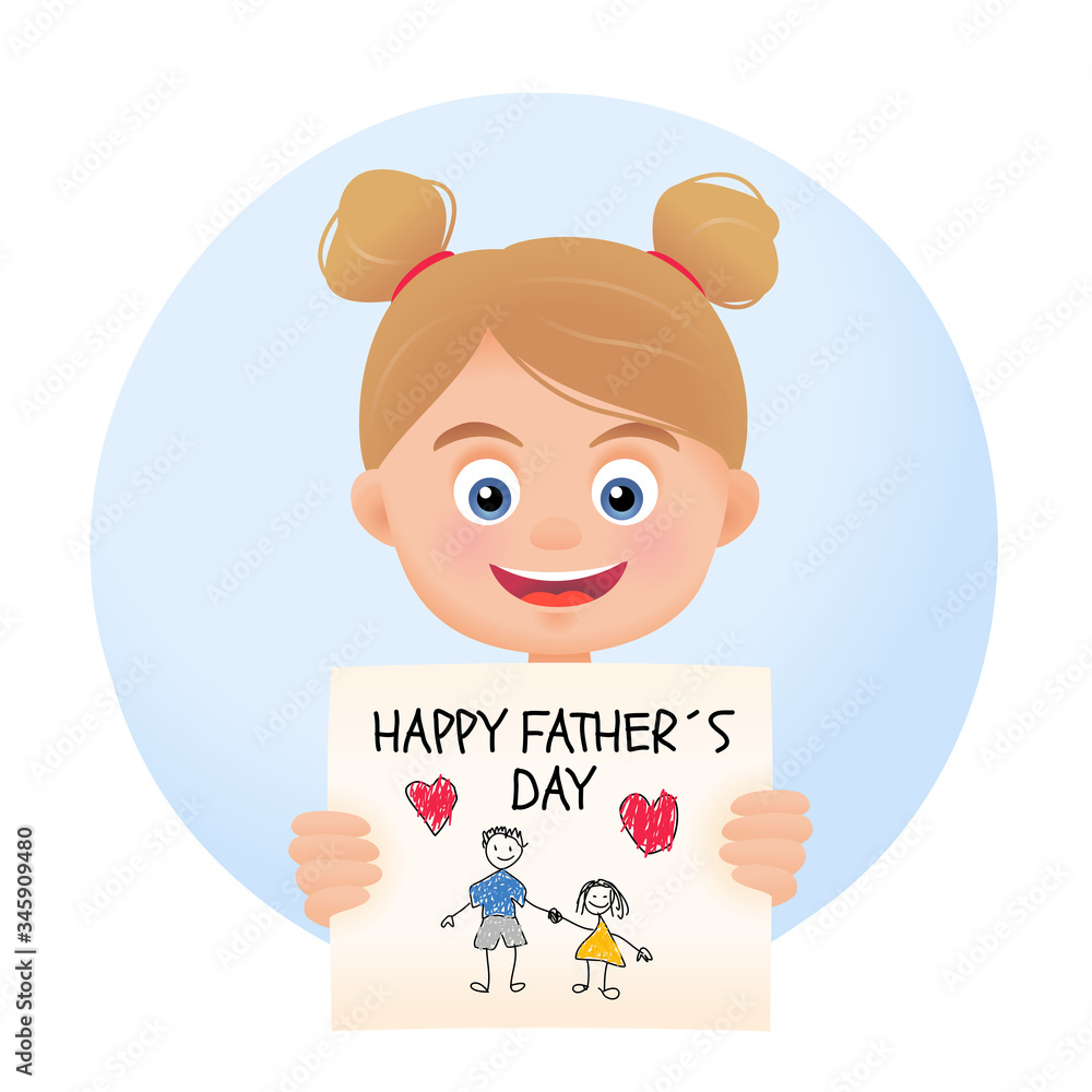 Happy Father's Day template design, cartoon girl child holding drawing picture