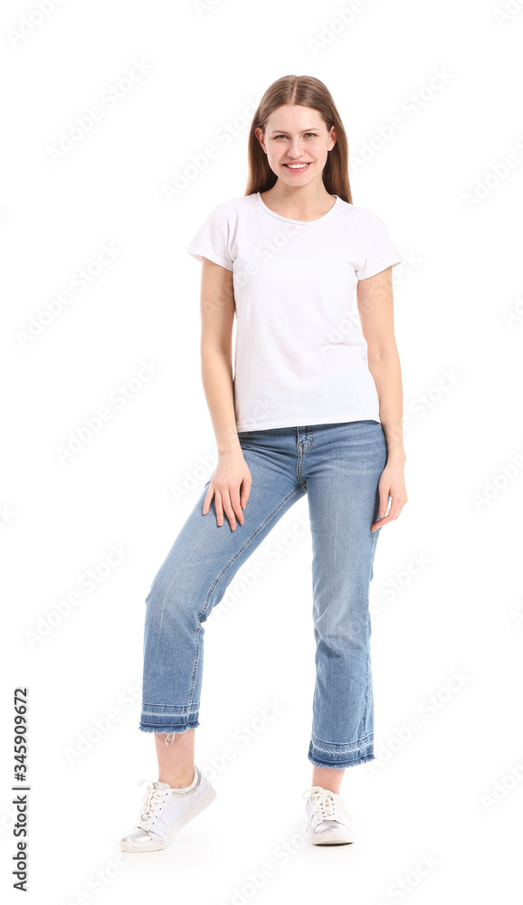 Young woman in stylish t-shirt on white background Young woman in stylish t-shirt on white background