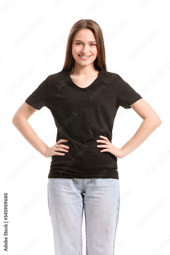 Young woman in stylish t-shirt on white background Young woman in stylish t-shirt on white background