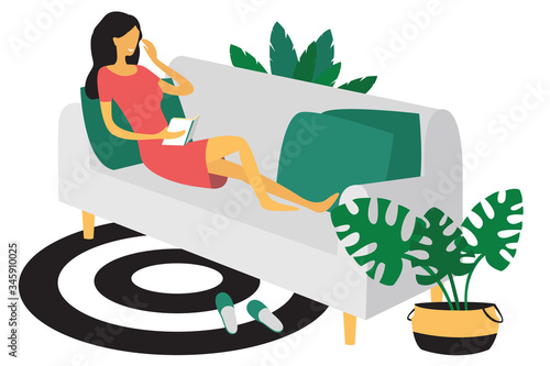 Woman sitting on a sofa and reading a book. Modern flat design concept of pastime at home. Vector illustration isolated on white background.
