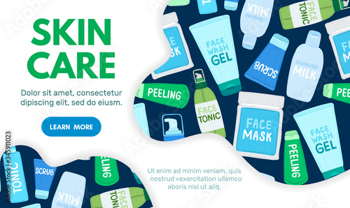 Organic or natural cosmetics. Many jars and bottles with cosmetic names. Facial skin care. Online store. Landing page template. Background is for banner, header, advertising, mailing list. Vector