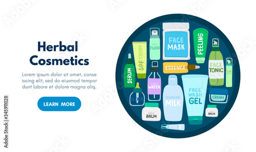 Organic or natural cosmetics. Many jars and bottles with cosmetic names. Facial skin care. Online store. Landing page template. Background is for banner, header, advertising, mailing list. Vector