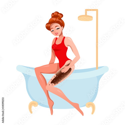 beautiful young woman in red bodysuit sits on bathtub applies coffee scrub on her thigh. spa cosmetic procedure for smooth healthy skin. anti cellulite treatment. isolated vector illustration on white