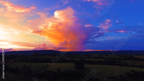Panoramic view of colorful sunset aerial view. Great landscape.