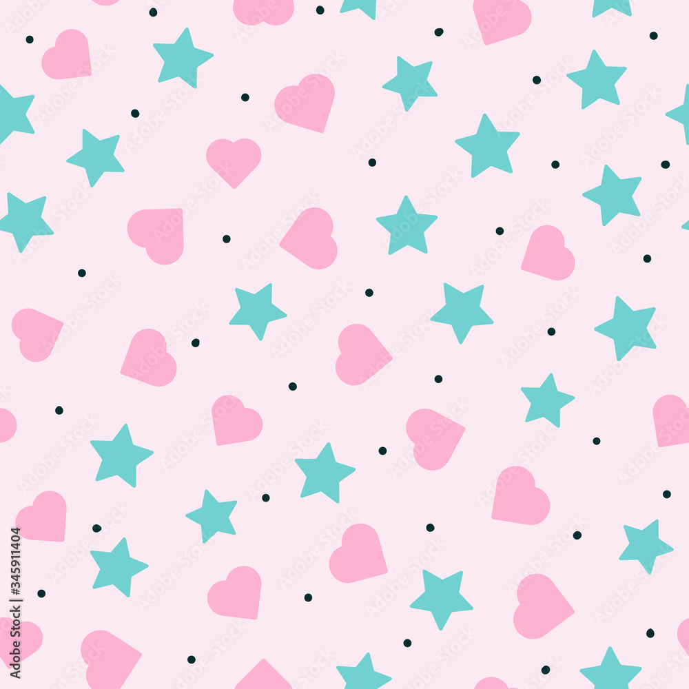 Romantic seamless pattern with scattered hearts, stars and round spots. Cute endless print. Flat girly vector illustration.