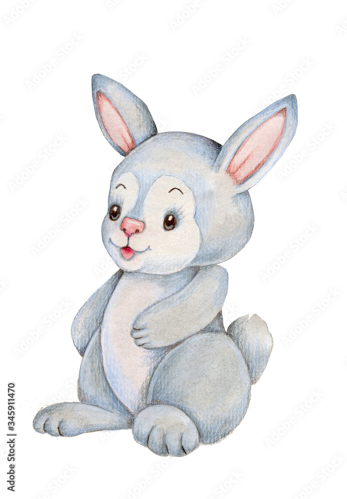 Watercolor illustration of cute cartoon bunny the rabbit, gray, sitting. Isolated on white. Watercolor illustration of cute cartoon bunny the rabbit, gray, sitting. Isolated on white.
