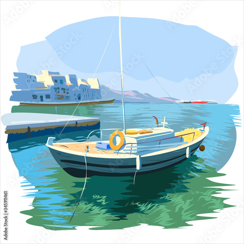 Moored yacht. Against the background of the summer sea harbor.