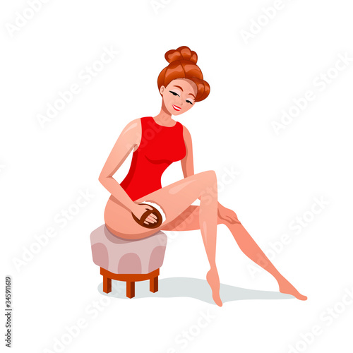 beautiful girl does dry massage, scrubbing skin with natural wooden Brush. Anti Cellulite. Dry Brush Home Spa Massage. Vector Illustration. Isolated. Women Wellness. asian beauty salon procedure