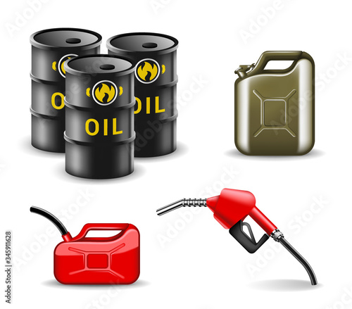 Oil and gas related items design set. Fuel industry vector illustration collection in realistic style. Power and energy