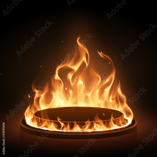 Fotografie, Obraz Podium with flame ring on black background