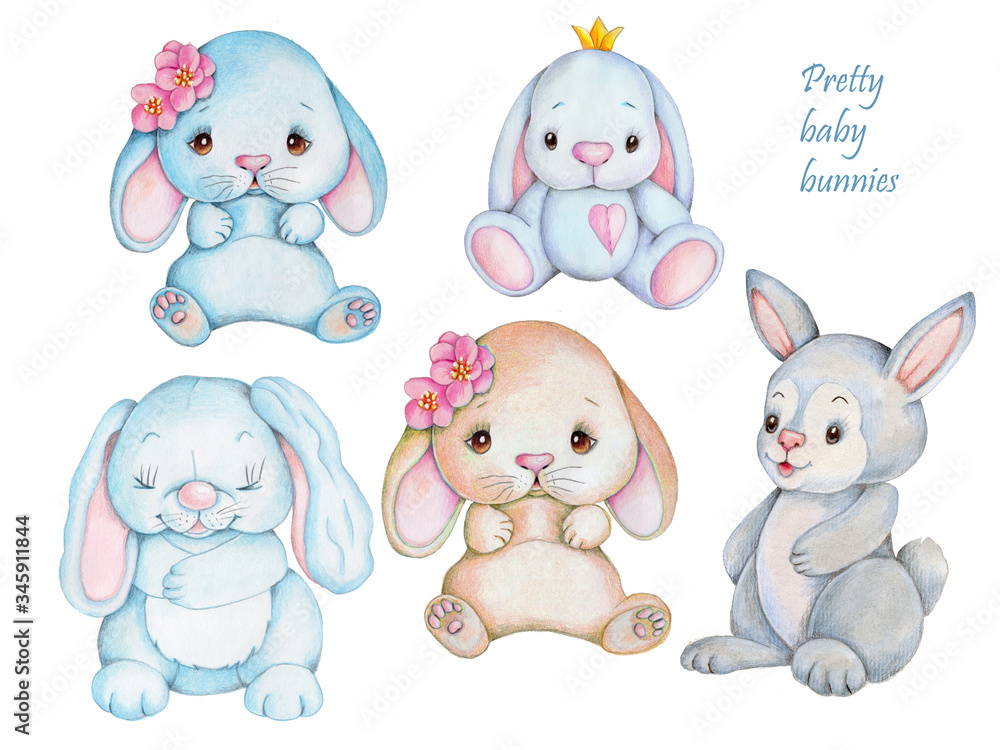 Fototapeta premium Set of cute funny buny rabbits, little hare babies, watercolor hand drawn art, isolated.