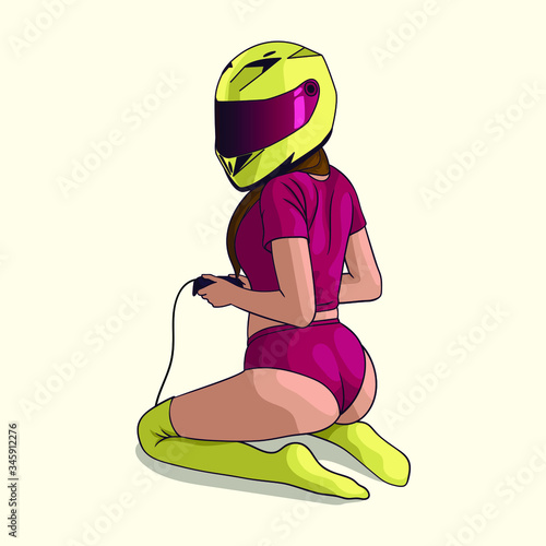 sexy young woman in a motorbike helmet on her head playing video game. Attractive beautiful fit body. Girl holding game controller in her hands sitting on the knees. Isolated vector illustration.