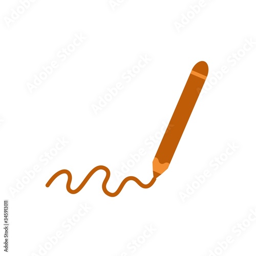 The pencil draws a zigzag line in brown. On white background. The subject of stationery for drawing. Write down. Cartoon vector illustration