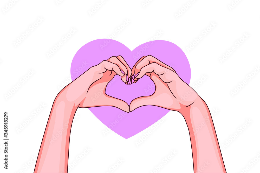 Fototapeta premium i love you sign. hands make heart shaped gesture. Saint Valentine's Day beautiful female hands. cartoon style. Isolated stock vector illustration on white background