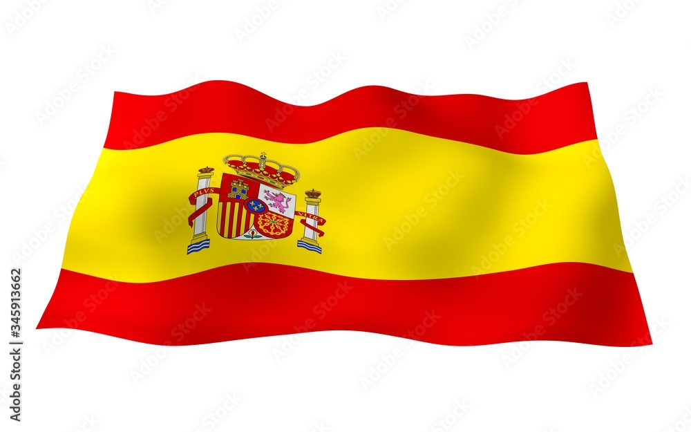 Naklejka premium The flag of Spain. Official state symbol of the Kingdom of Spain. Concept: web, sports pages, language courses, travelling, design elements. 3d illustration