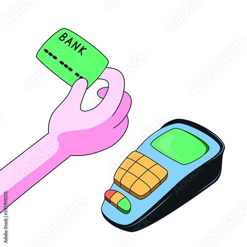 Contactless payment. hand holding credit card. Illustration of wireless mobile payment by credit card via pos terminal. modern stock vector illustration isolated. tap to pay, paypass. NFC technology
