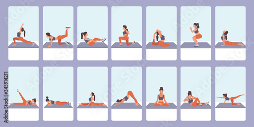 A girl is doing sport, stretching, yoga in social network stories. Set of vector flat illustrations of fitness workout, training, sports activity, the gym in the live video