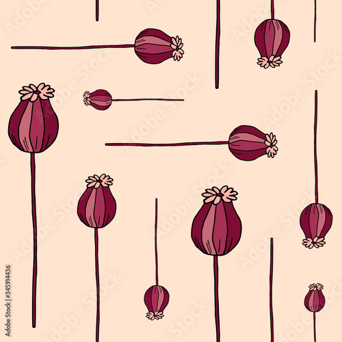 Vector seamless pattern with colorful buds of poppies on cream background