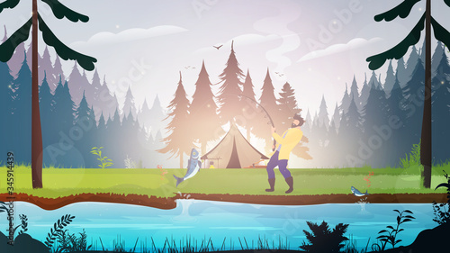Rest with a tent in the forest. Forest with a river. A man pulls a big fish. The concept of fishing and camping. Vector.