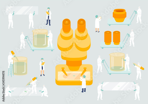 Medical personnel teamwork management, Miniature assembly lab team staff tiny people research COVID-19 virus Science laboratory metaphor Poster or social banner Vector illustration isolated background