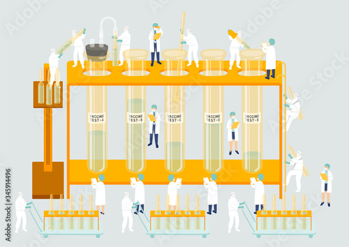 Medical personnel teamwork management manufacturing Miniature assembly lab team staff people generate COVID-19 vaccine, Science laboratory metaphor Poster or social banner Vector illustration isolated