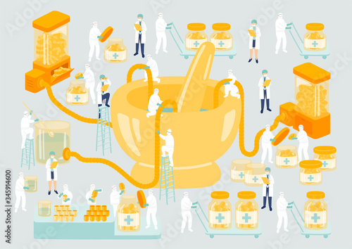 Medical personnel teamwork management manufacturing Miniature assembly lab team staff people generate COVID-19 medicine Science laboratory metaphor Poster or social banner Vector illustration isolated