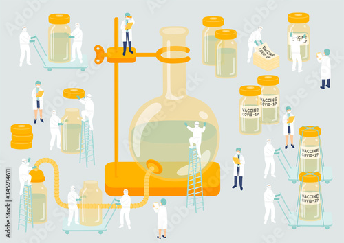 Medical personnel teamwork management manufacturing Miniature assembly lab team staff people generate COVID-19 vaccine, Science laboratory metaphor Poster or social banner Vector illustration isolated
