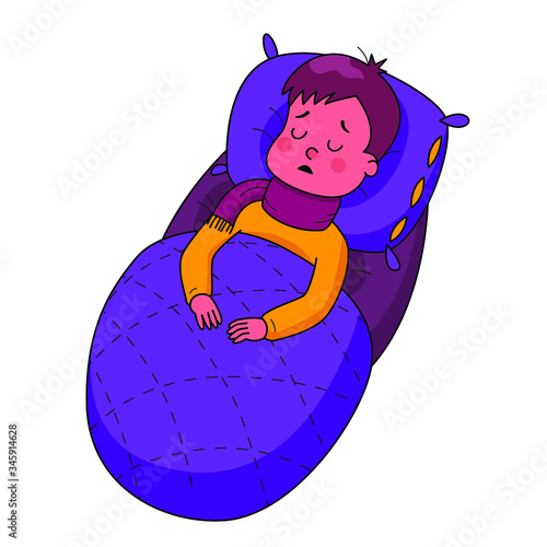 Sick child with fever and illness covered in blanket in bed. kid catch cold or flu, has a headache, toothache or stomach pain. cartoon style isolated vector illustration on white background