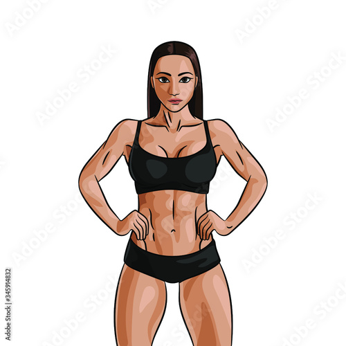 Beautiful fit woman with dark hair in sportswear. Sexy female with athletic body posing like bodybuilder. isolated vector illustration on white background. biceps, abs training, power lifting