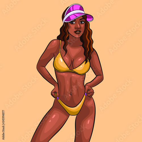 sexy young woman in bikini vector illustration. tanned lady in swimsuit and a pink sun visor cap with wavy hair on a beach. 