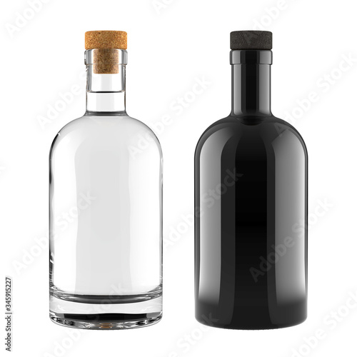 A Set of Clear Glass and Black Bottles for Whiskey, Vodka, Gin, Rum, Liquor or Tequila Bottle for Accurate Work with Light and Shadows. 3D Render Isolated on White Background.