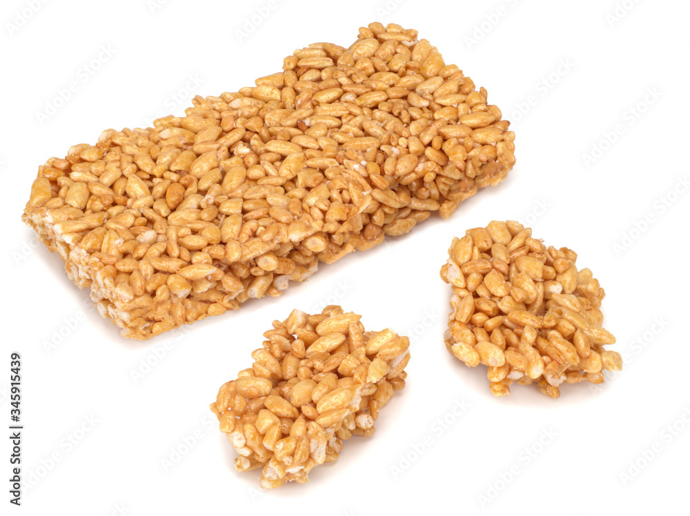 pressed sweet puffed rice on white background pressed sweet puffed rice on white background