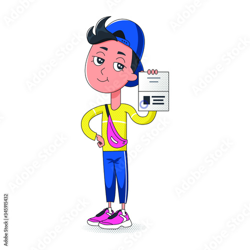 cute teenage boy shows passport open to verify age. Sales age is 18 or 21. Isolated Vector illustration on white background. cartoon style