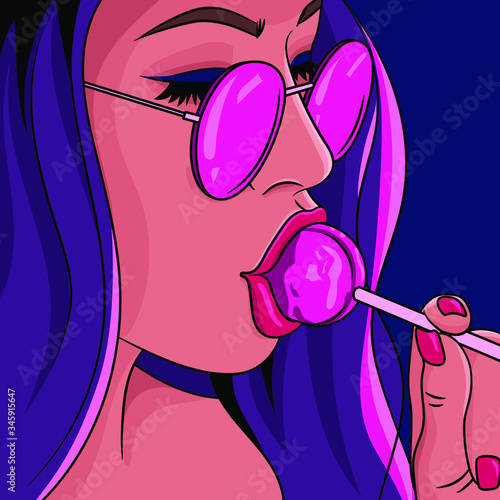 Vector illustation, woman sucking a lollipop