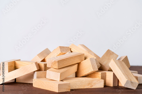 Wooden toy blocks with copy space. Heap of wood cubes