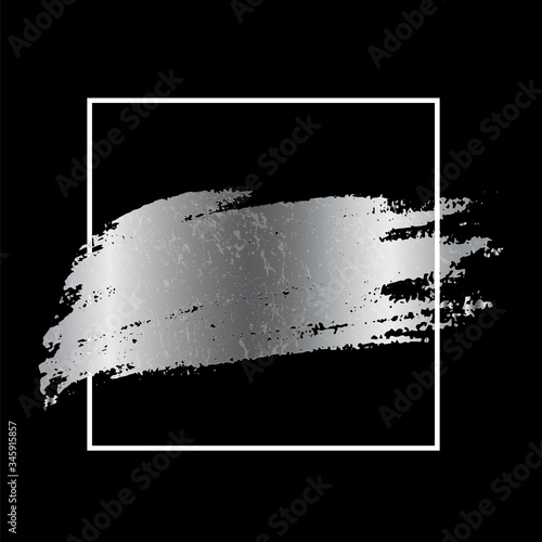 Silver paint smear stain with white frame. Vector metal brush stroke design element.