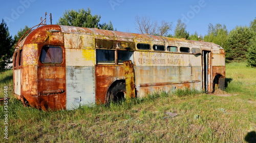 Radioactive abandoned bus. Symbol of the Chernobyl accident. Chernobyl Exclusion Zone