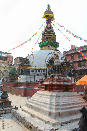 View of buddhist Kathesimbhu stupa (also known as Kaathe Swyambhu Shree Gha Chaitya) in Thamel district in Kathmandu city. Theme of beautiful religious buildings.