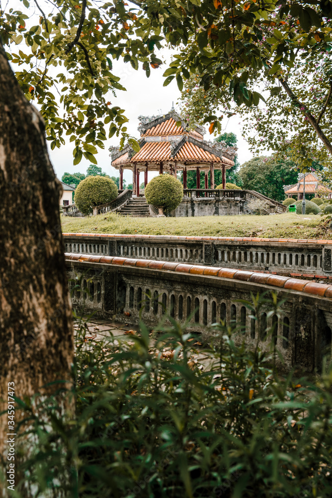 Hue, Vietnam – 27 July 2019: Temple in the Imperial City (citadel) of Hue (UNESCO World Heritage site). The place that leads to the palaces of kings, is the official in the 19th century in Hue, Vietna