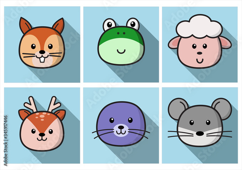 Set Of Cute Cartoon Animals Face Isolated . Vector Flat Design Illustration from Front. Suitable for Web site page  Mobile app and Social Media.