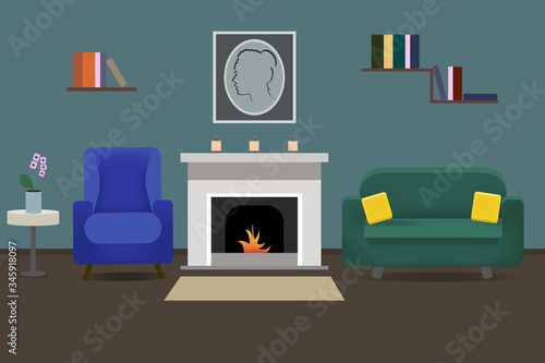Interior of the living room. Living room interior with fireplace, sofa and armchair