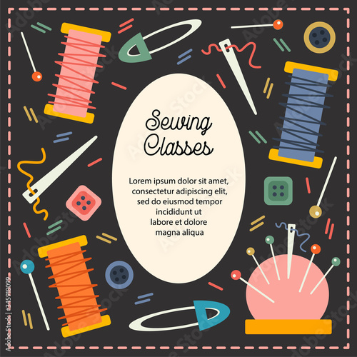 Sewing classes vector set. Tailoring accessory pins, buttons, threads, needle bed, stitches. Scrapbooking paper. Great for .social networks, card, post, banner, sale, coupons..