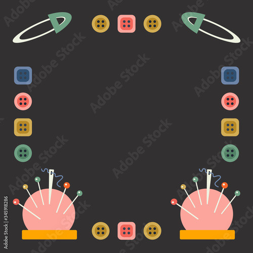 Sewing accessory vector tamplate with place for text. Page for tailors advertising, sew shops and classes. Needle bed, buttons, pins needlework accessories. Card, sale coupons, social network post.