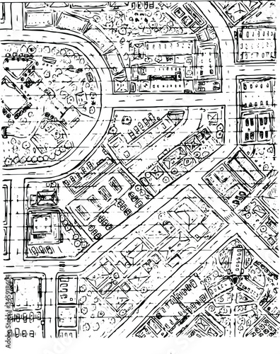 drawn city overview map roofs roads block paper illustration complex vector doodle sketch pencil  