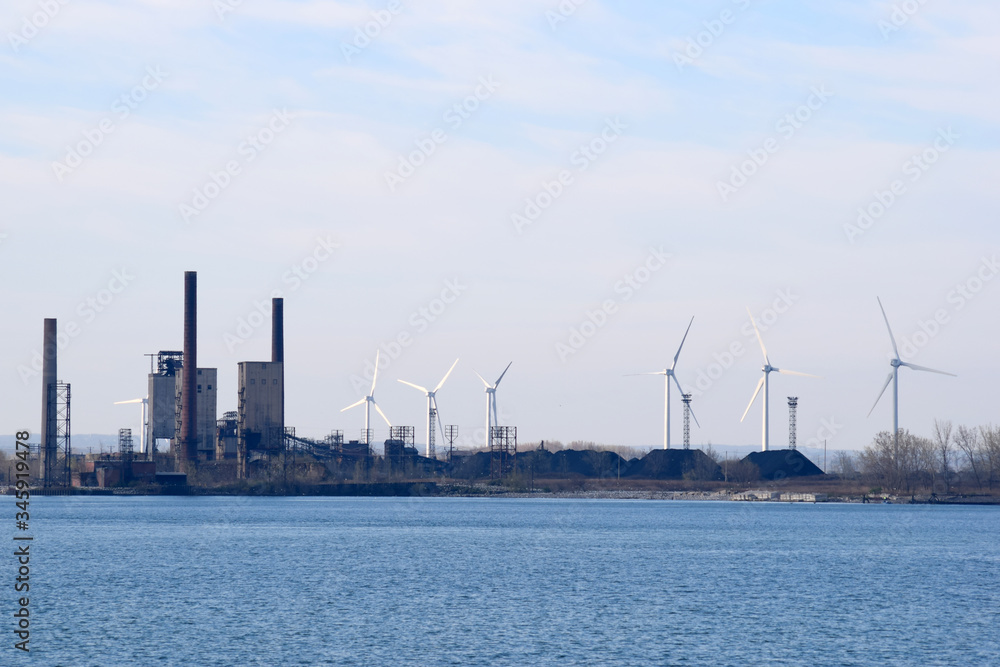 Wind Power Windmills Renewable Clean Green Energy Electricity Turbines Old Factory Smokestacks