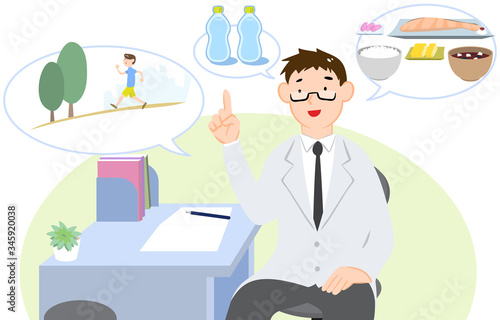 熱中症予防に健康的な生活習慣と水分摂取を勧める医師のイラスト
